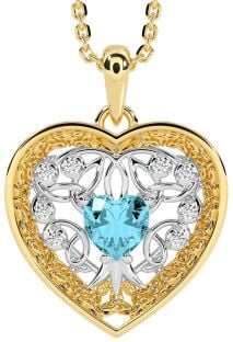 Diamond Aquamarine Gold Silver Celtic Tree of Life Trinity Knot Heart Necklace