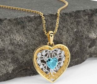 Diamond Aquamarine Gold Silver Celtic Tree of Life Trinity Knot Heart Necklace