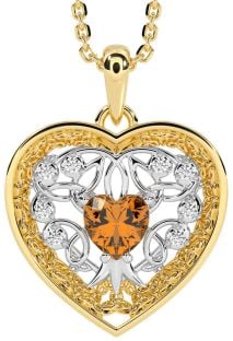 Diamond Citrine Gold Silver Celtic Tree of Life Trinity Knot Heart Necklace