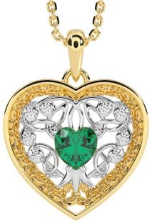 Diamond Emerald Gold Silver Celtic Tree of Life Trinity Knot Heart Necklace