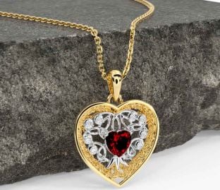 Diamond Garnet Gold Silver Celtic Tree of Life Trinity Knot Heart Necklace