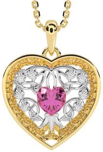 Diamond Pink Tourmaline Gold Silver Celtic Tree of Life Trinity Knot Heart Necklace