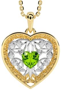 Diamond Peridot Gold Silver Celtic Tree of Life Trinity Knot Heart Necklace