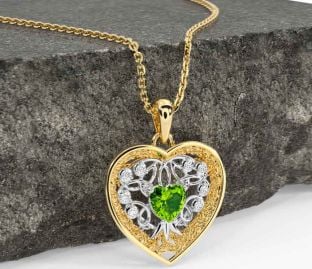 Diamond Peridot Gold Silver Celtic Tree of Life Trinity Knot Heart Necklace