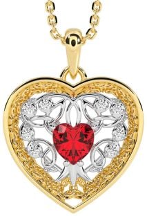 Diamond Ruby Gold Silver Celtic Tree of Life Trinity Knot Heart Necklace