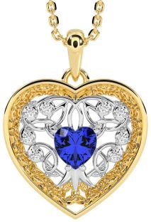 Diamond Sapphire Gold Silver Celtic Tree of Life Trinity Knot Heart Necklace