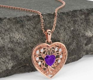 Diamond Amethyst Rose Gold Celtic Tree of Life Trinity Knot Heart Necklace