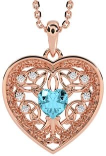 Diamond Aquamarine Rose Gold Celtic Tree of Life Trinity Knot Heart Necklace