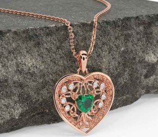 Diamond Emerald Rose Gold Celtic Tree of Life Trinity Knot Heart Necklace