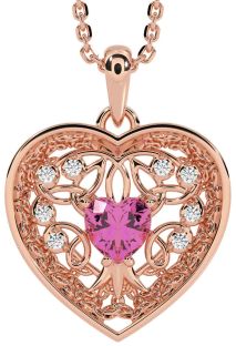 Diamond Pink Tourmaline Rose Gold Celtic Tree of Life Trinity Knot Heart Necklace