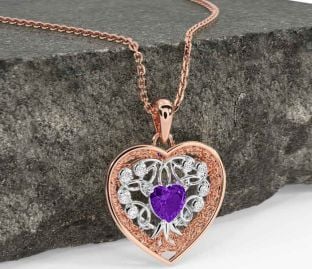 Diamond Amethyst White Rose Gold Celtic Tree of Life Trinity Knot Heart Necklace