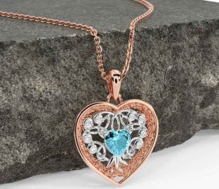 Diamond Aquamarine White Rose Gold Celtic Tree of Life Trinity Knot Heart Necklace