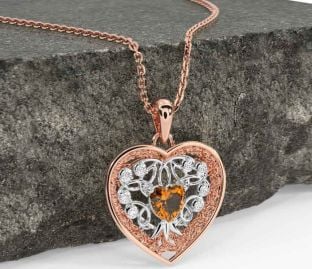 Diamond Citrine White Rose Gold Celtic Tree of Life Trinity Knot Heart Necklace