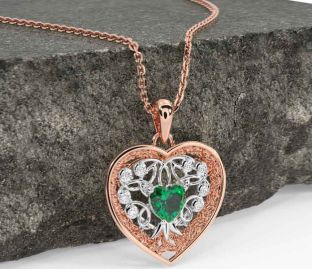 Diamond Emerald White Rose Gold Celtic Tree of Life Trinity Knot Heart Necklace