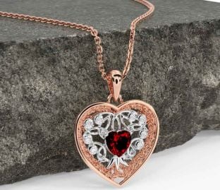 Diamond Garnet White Rose Gold Celtic Tree of Life Trinity Knot Heart Necklace