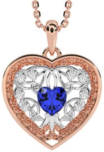 Diamond Sapphire White Rose Gold Celtic Tree of Life Trinity Knot Heart Necklace