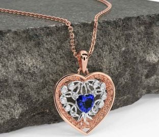 Diamond Sapphire White Rose Gold Celtic Tree of Life Trinity Knot Heart Necklace