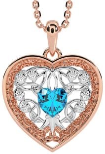 Diamond Topaz White Rose Gold Celtic Tree of Life Trinity Knot Heart Necklace