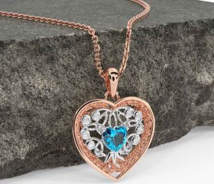 Diamond Topaz White Rose Gold Celtic Tree of Life Trinity Knot Heart Necklace