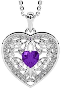 Diamond Amethyst Silver Celtic Tree of Life Trinity Knot Heart Necklace