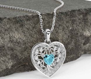 Diamond Aquamarine Silver Celtic Tree of Life Trinity Knot Heart Necklace
