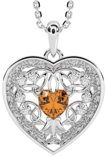 Diamond Citrine Silver Celtic Tree of Life Trinity Knot Heart Necklace