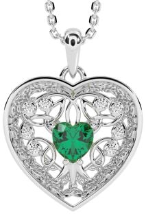 Diamond Emerald Silver Celtic Tree of Life Trinity Knot Heart Necklace