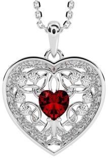 Diamond Garnet Silver Celtic Tree of Life Trinity Knot Heart Necklace