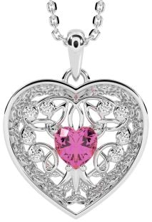 Diamond Pink Tourmaline Silver Celtic Tree of Life Trinity Knot Heart Necklace