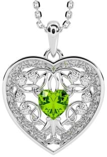 Diamond Peridot Silver Celtic Tree of Life Trinity Knot Heart Necklace