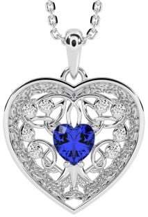 Diamond Sapphire Silver Celtic Tree of Life Trinity Knot Heart Necklace