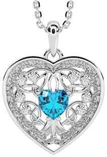 Diamond Topaz Silver Celtic Tree of Life Trinity Knot Heart Necklace