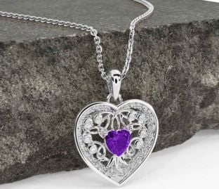 Diamond Amethyst White Gold Celtic Tree of Life Trinity Knot Heart Necklace