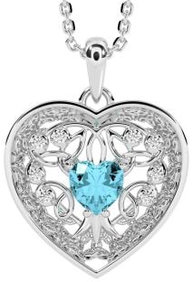 Diamond Aquamarine White Gold Celtic Tree of Life Trinity Knot Heart Necklace