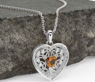 Diamond Citrine White Gold Celtic Tree of Life Trinity Knot Heart Necklace