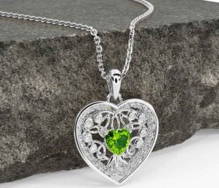 Diamond Peridot White Gold Celtic Tree of Life Trinity Knot Heart Necklace