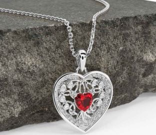 Diamond Ruby White Gold Celtic Tree of Life Trinity Knot Heart Necklace