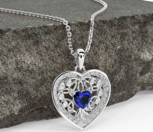 Diamond Sapphire White Gold Celtic Tree of Life Trinity Knot Heart Necklace