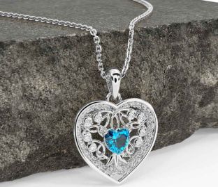 Diamond Topaz White Gold Celtic Tree of Life Trinity Knot Heart Necklace