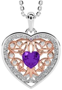 Diamond Amethyst White Rose Gold Celtic Tree of Life Trinity Knot Heart Necklace