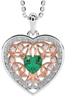 Diamond Emerald White Rose Gold Celtic Tree of Life Trinity Knot Heart Necklace