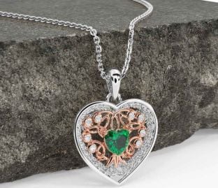 Diamond Emerald White Rose Gold Celtic Tree of Life Trinity Knot Heart Necklace