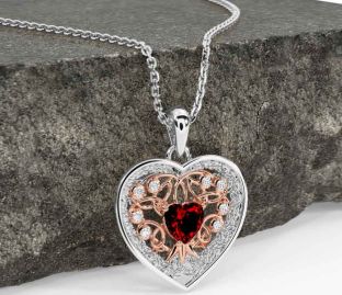 Diamond Garnet White Rose Gold Celtic Tree of Life Trinity Knot Heart Necklace