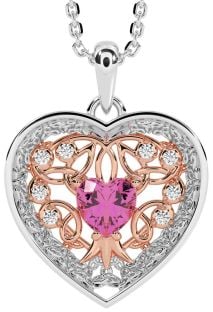 Diamond Pink Tourmaline White Rose Gold Celtic Tree of Life Trinity Knot Heart Necklace