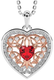 Diamond Ruby White Rose Gold Celtic Tree of Life Trinity Knot Heart Necklace