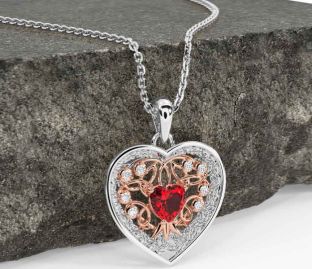Diamond Ruby White Rose Gold Celtic Tree of Life Trinity Knot Heart Necklace