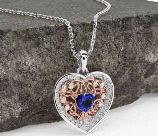 Diamond Sapphire White Rose Gold Celtic Tree of Life Trinity Knot Heart Necklace