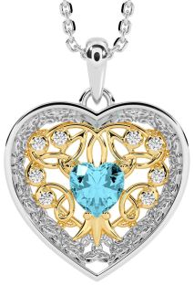 Diamond Aquamarine White Yellow Gold Celtic Tree of Life Trinity Knot Heart Necklace