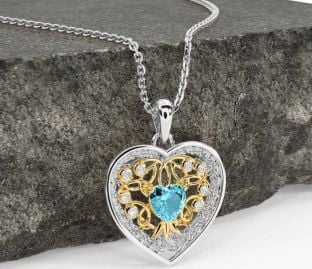 Diamond Aquamarine White Yellow Gold Celtic Tree of Life Trinity Knot Heart Necklace