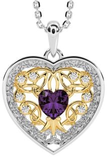 Diamond Alexandrite White Yellow Gold Celtic Tree of Life Trinity Knot Heart Necklace